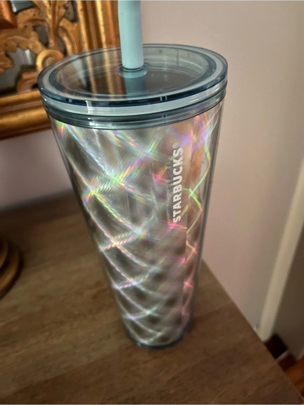 Starbucks Iridescent Holographic Tumbler with Light Blue Straw